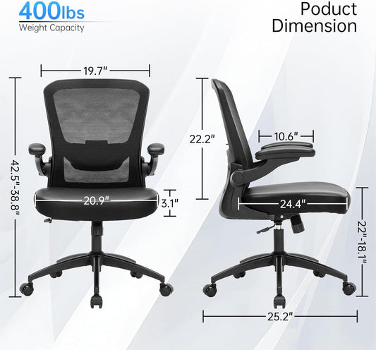 Ergonomic Office Chair,400LBS PU Leather Desk Chair with Mesh Back,Ultra Thick,Flip-up Armrest,Adjustable Lumbar Support Computer Chair for Home Office,Black