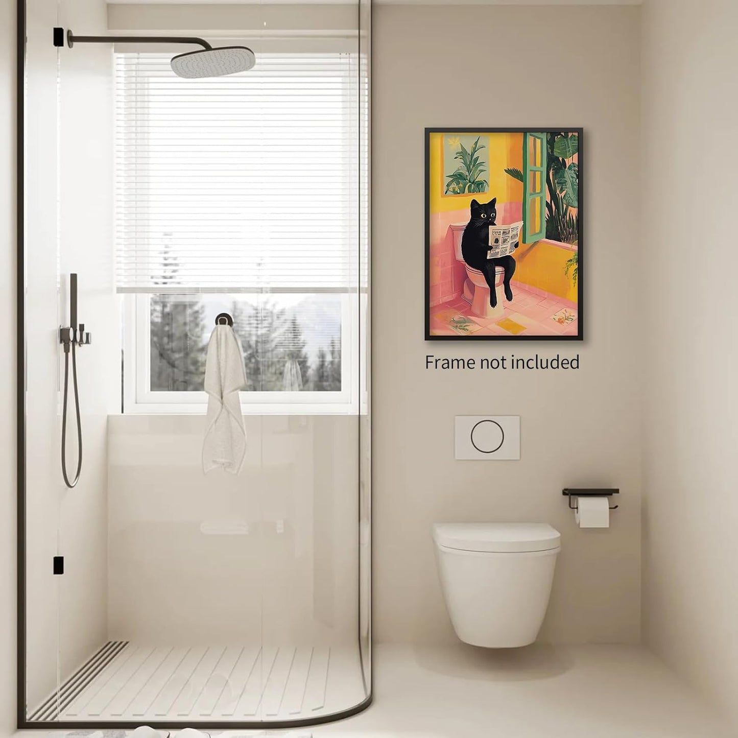 Jefuzh Black Cat Bathroom Wall Art Cat Sitting on Toilet Reading Newspaper Posters Funny Animal Pictures Prints for Toilet Showering Bath Wall Decor （12 x 16 inches Unframed）