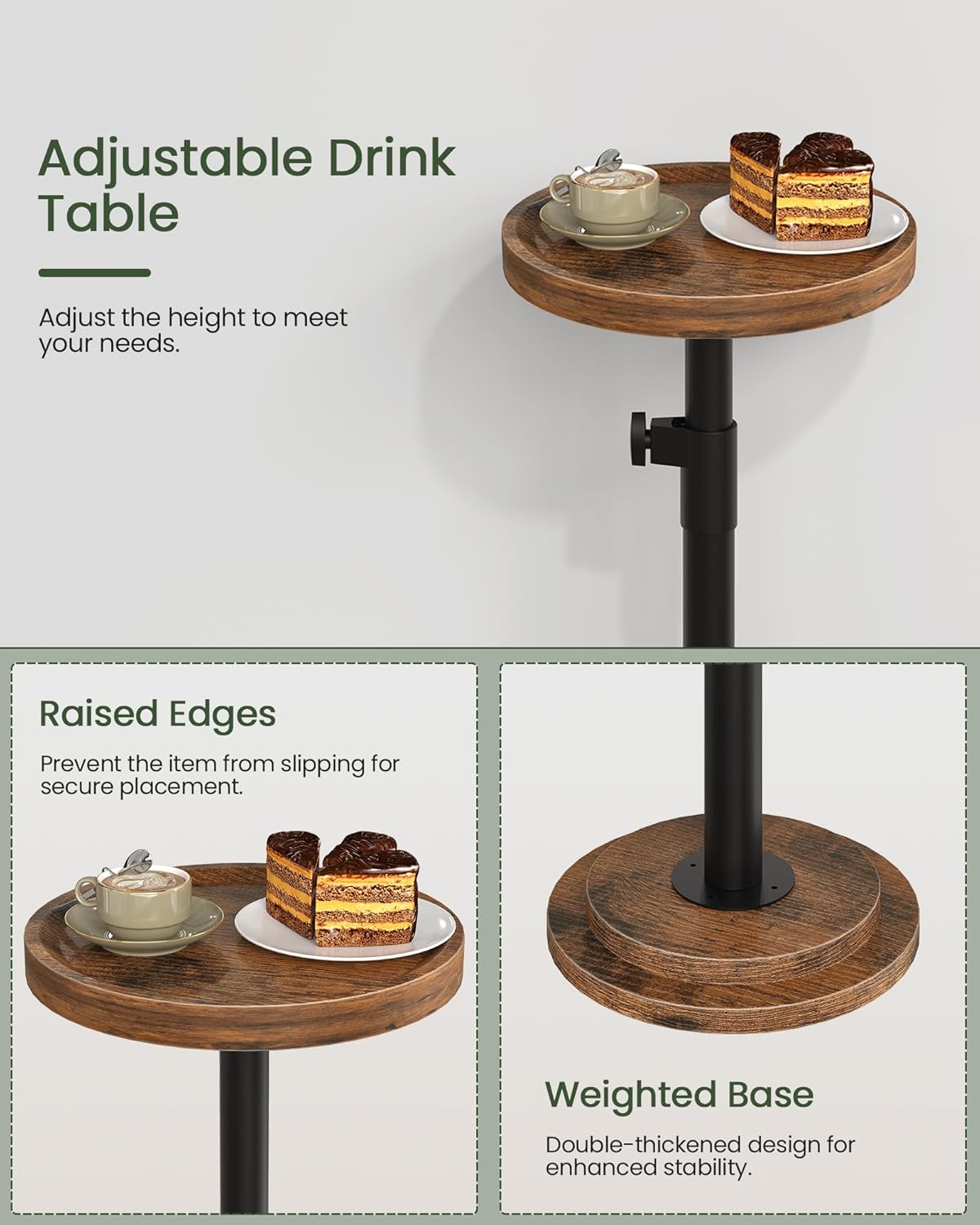 Small Round Side Table, Height Adjustable Drink Table, Pedestal Martini Table with Thickened Base, for Small Space, Sofa, Living Room, Bedroom, Rustic Brown and Black TBZ31BF