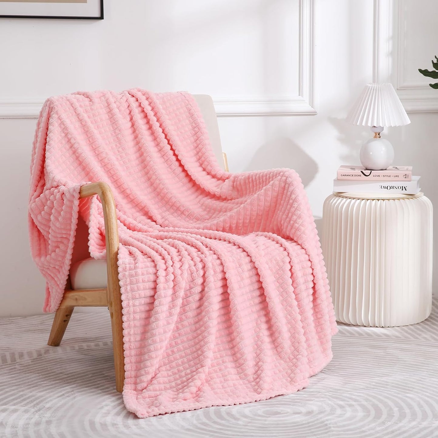 Puncuntex Flannel Fleece Throw Blanket Light Pink 90"×90",Super Soft Plush Cozy Blanket with Square Grid Design Luxury for Couch Sofa Chair