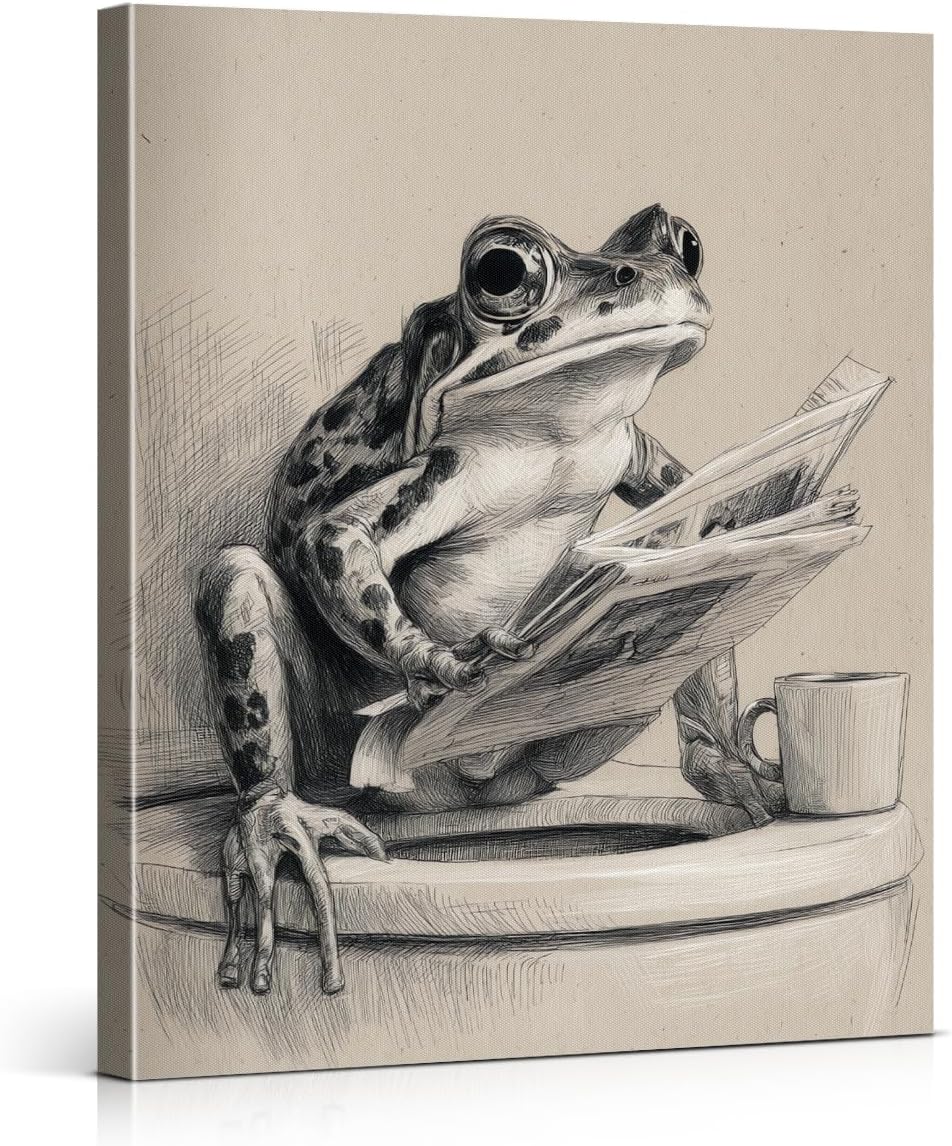 Funny Retro Frog Bathroom Wall Art Frog Reading Newspaper on Toilet Canvas Print Poster Funny Animal Bathroom Wall Decor 8x10 Inch Framed