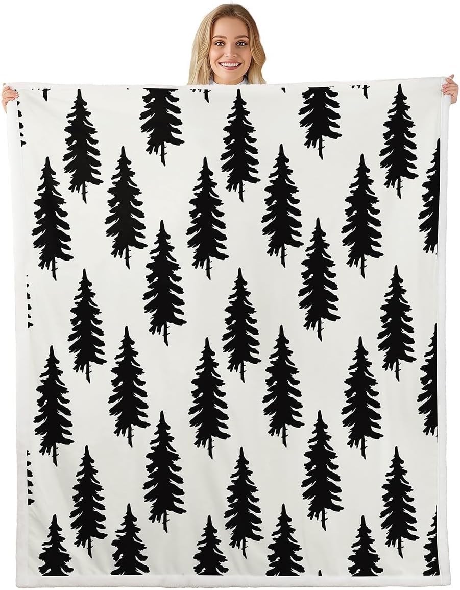 Christmas Pine Trees Print Decor Throw Blanket Black Plant White Hand Sketch Graffiti Bed Throws for Adult Bed Chair Sofa,Soft Lightweight Polyester Fleece Blanket, Throw Size (50 x 60 Inches)