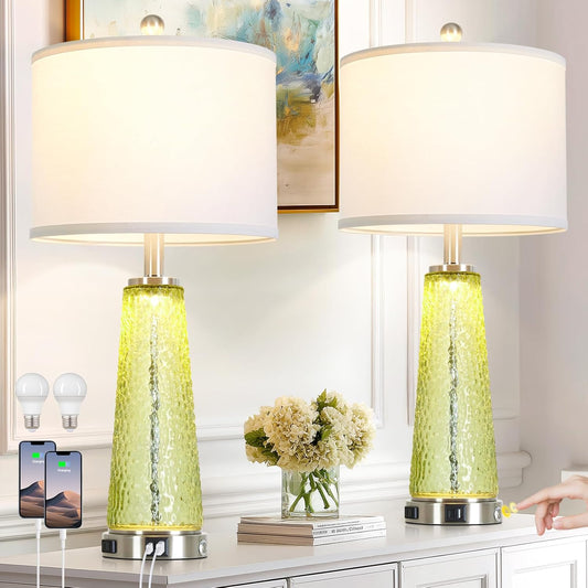 26" Gold Glass Table Lamps for Living Room Set of 2, Modern Bedside Lamp with USB A+C Ports & AC Outlet, Coastal Cracked Glass Nightstand Lamps with 2 LED Night Light for Bedroom End Table Amber Decor