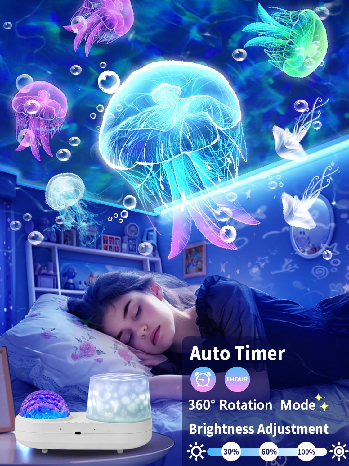 Ocean Wave Projector Night Light for Kids Bedroom - 10 Color Ocean Waves + 6 Films, 360 Rotation Timer for Kids, Baby Girls, Birthday, Christmas, Gifts, Ceiling, Room Decor