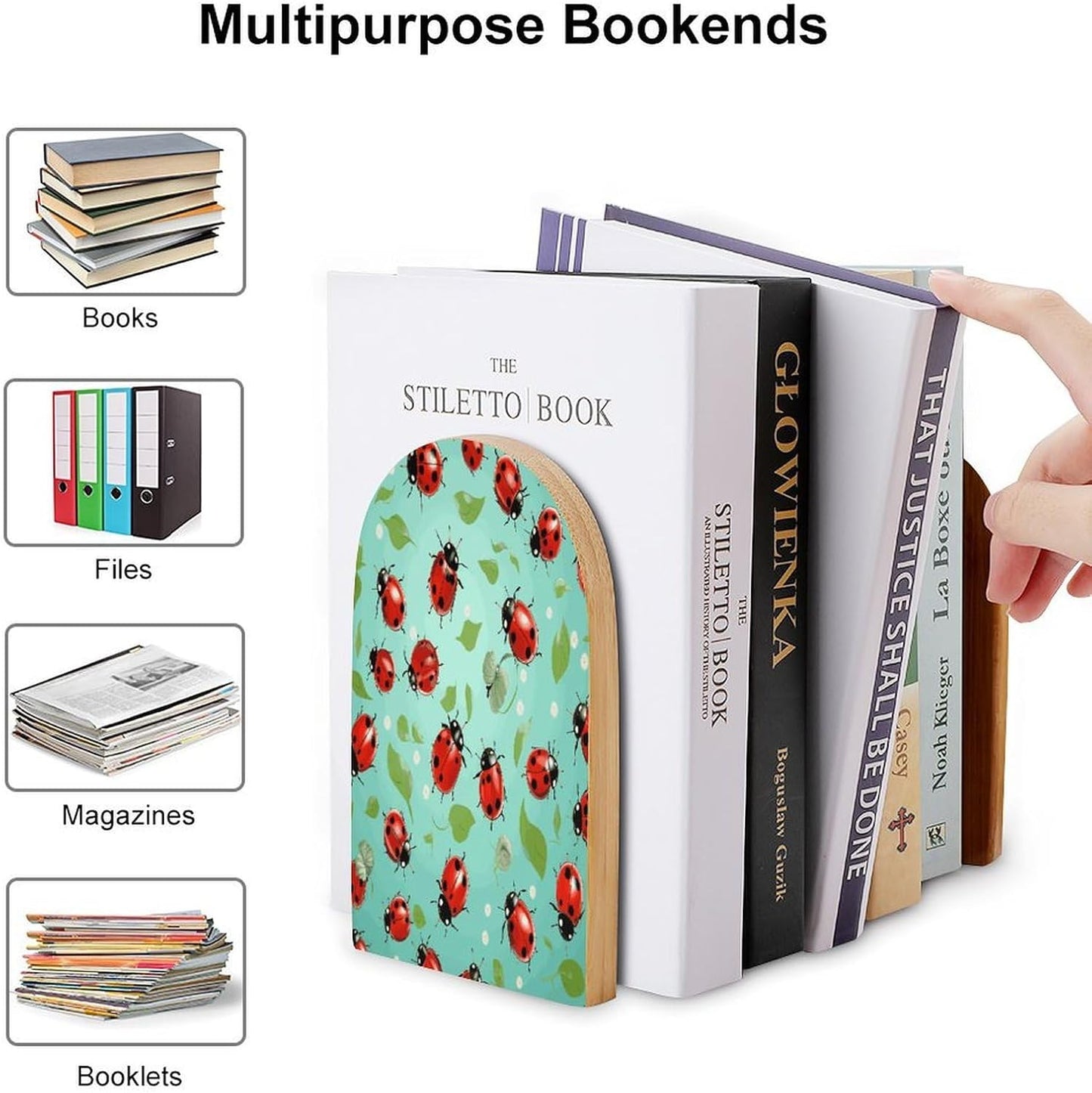 Red Ladybugs On A Blue Background Wooden Bookend Non-Slip Book Ends Heavy Duty Book Stopper with Metal Base Books Holderd Decorative Bookends Stands Firmly for Office Supplies