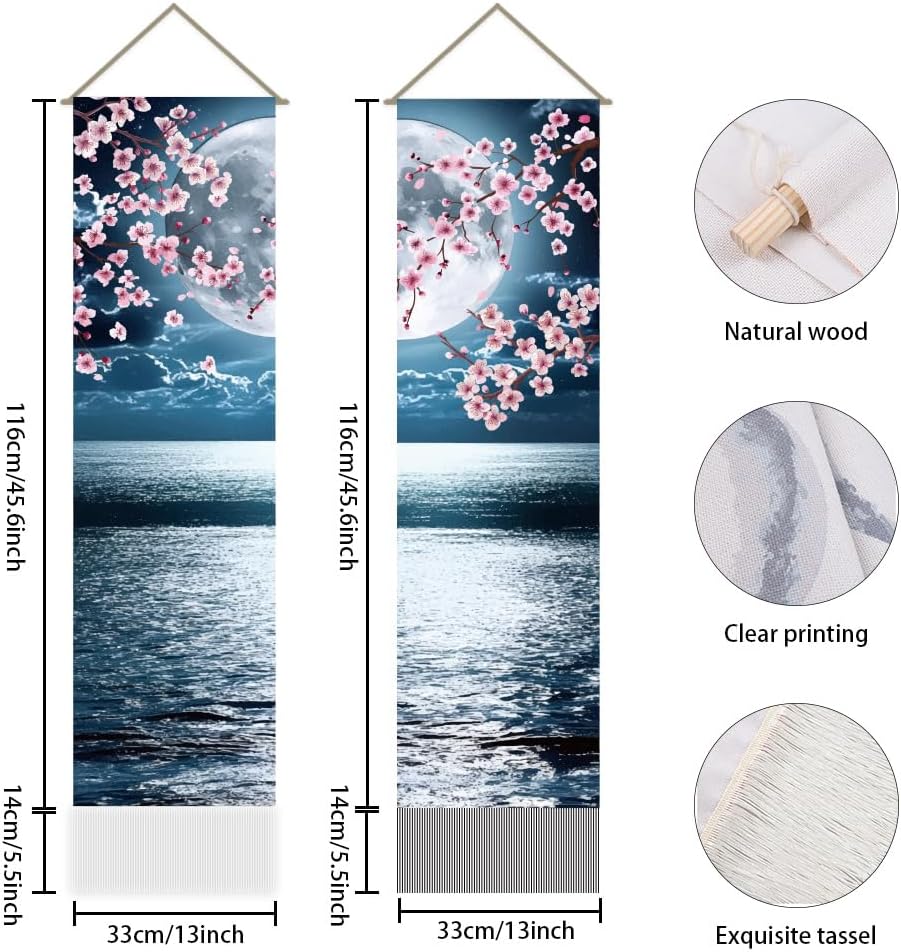 AHANDMAKER 2Pcs Japanese Anime Scenery Tapestry, Ocean Moon Cherry Blossom Vertical Wall Hanging, Tassel Wall Aesthetic Tapestry for the Living Room, Wall Decor Entry(45.7x13 Inch)