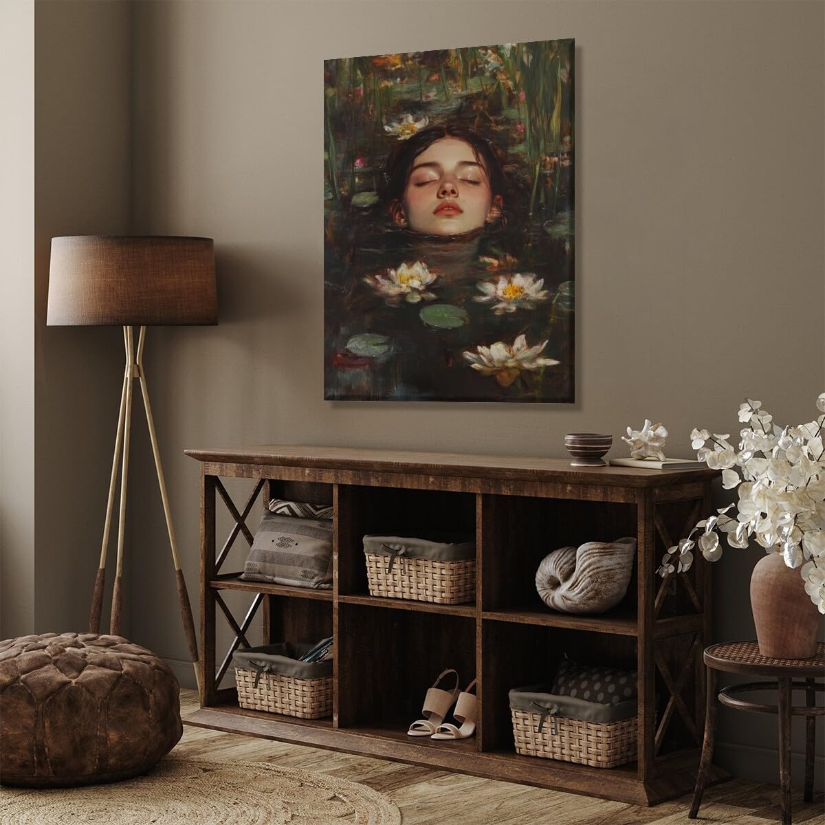 Ophelia Into Lake Dark Academia Canvas Wall Art Moody Victorian Floral Print Gothic Occult Home Decor Antique Oil Painting Rustic Vintage Poster Cottagecore Aesthetic Picture 12x18inch Unframed
