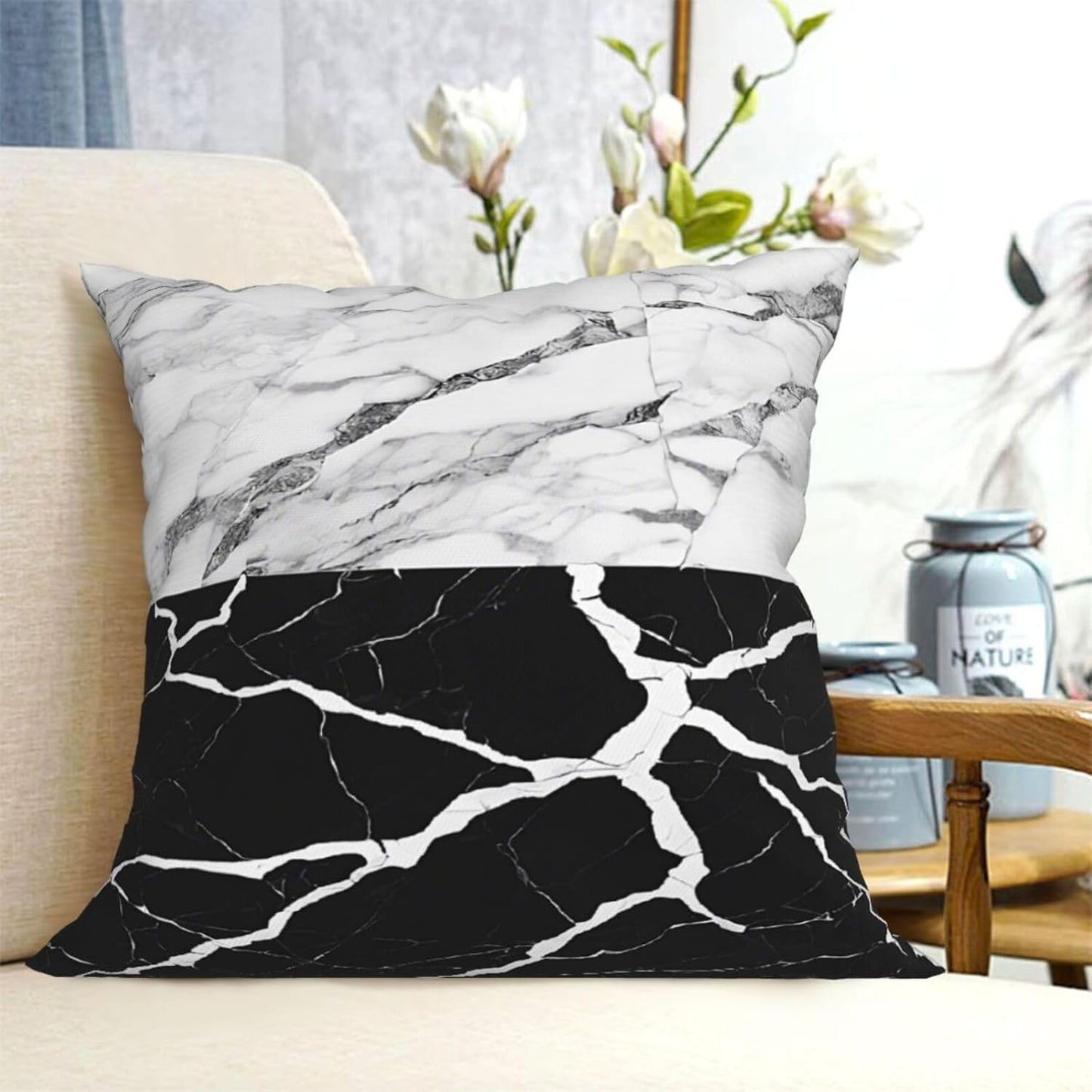 All-Season Square Pillow Covers 18"X18", Black White Marble, Decorative Throw Pillow Covers for Sofa Bed Couch, Hidden Zipper Cushion Cover, Square Lumbar & Accent Pillowcases for Home Decor