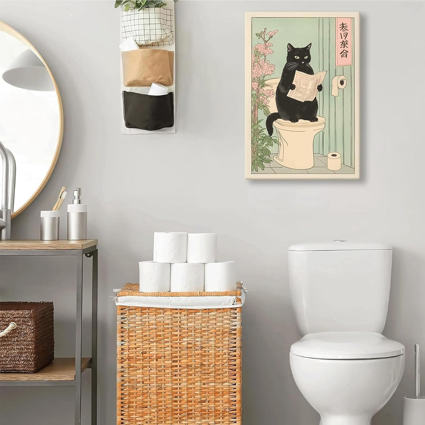 COYIKC Japanese black cat on toilet Canvas Wall Art Funny bathroom print Toilet poster Japanese Cat Wall Decor Pictures Aesthetic Minimalism Artwork Neutral Painting Home Decoration,12x16in