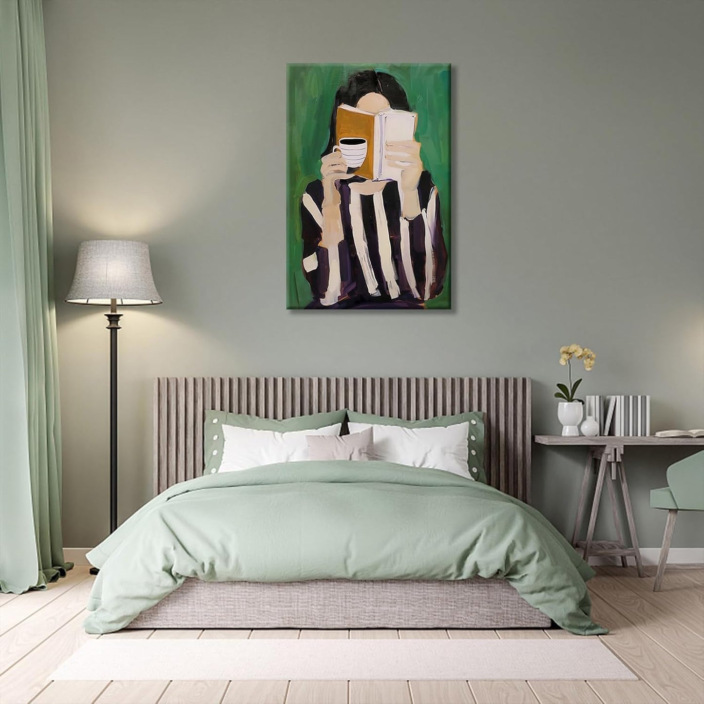 Trendy Women Reading Book Posters Emerald Green Striped Wall Art Abstract Coffee Decor Modern Feminine Canvas Minimalist Woman Pictures Print Aesthetic for Living Room Bedroom House 12x16in Unframed