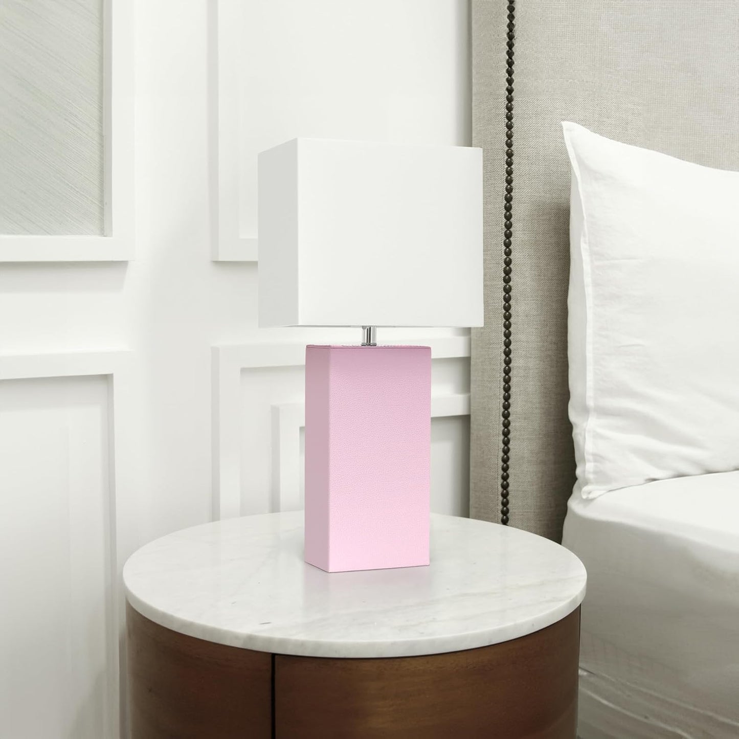 Elegant Designs LT1151-BPK Contemporary Faux Leather Encased Table Lamp for Living Room, Bedroom, Study, Office, Entryway, Reading Nook, Blush Pink