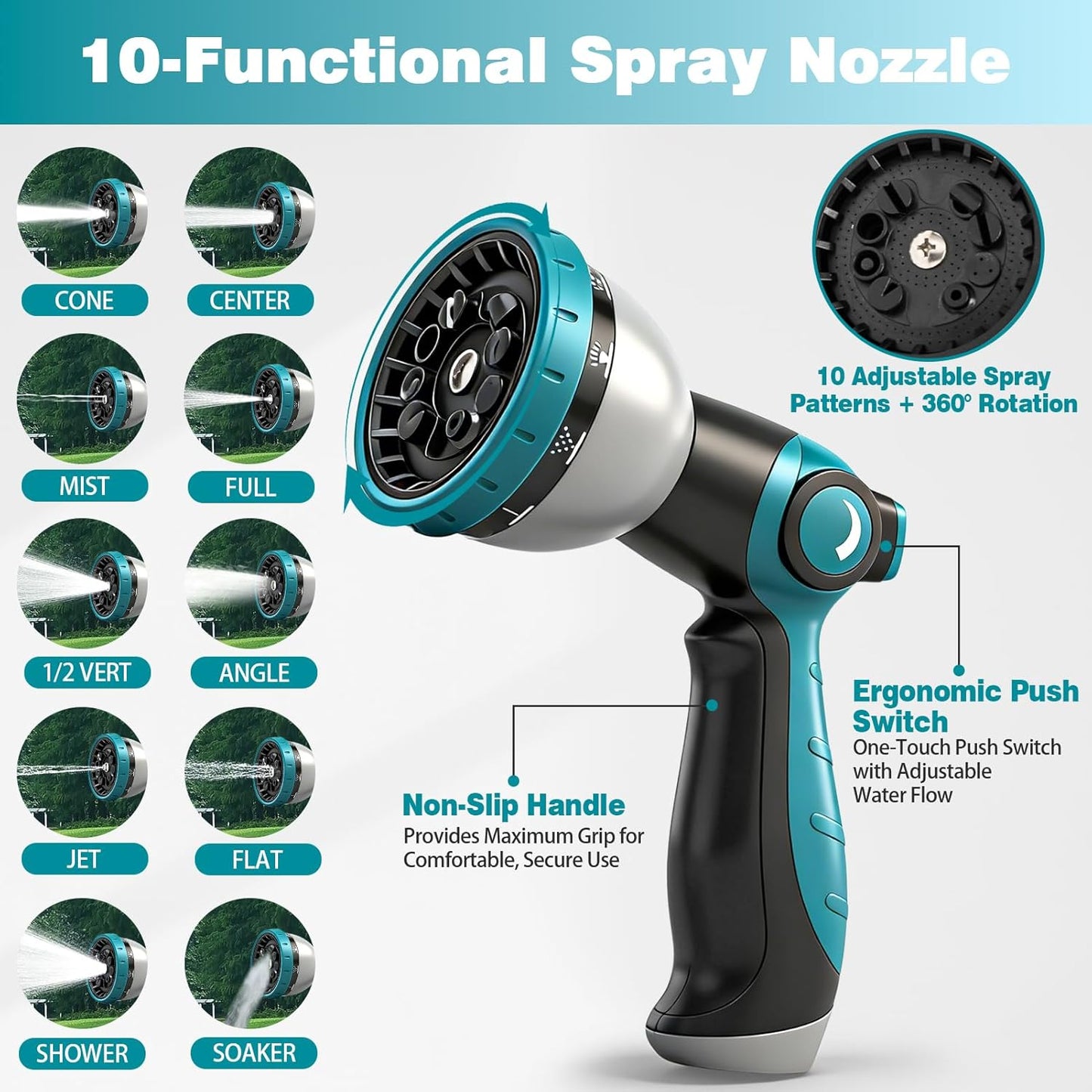 100FT Garden Hose, Kink-Free Non-Expandable Flexible Water Hose with 10-Pattern Spray Nozzle, Lightweight Leakproof Flat Hose with 3/4” Solid Brass Connector for Yard, Lawn & Outdoor Use