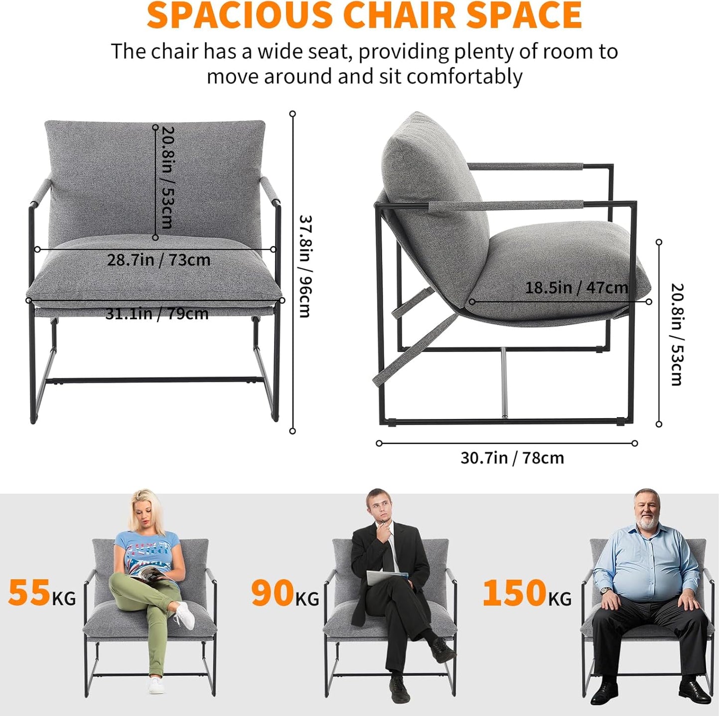 Sling Accent Chair for Living Room, Modern Metal Framed Cozy Armchair, Upholstered Living Room Chairs with Shredded Foam Cushioning, Lounge Chair for Bedroom, Living Room, Reading Room, Grey