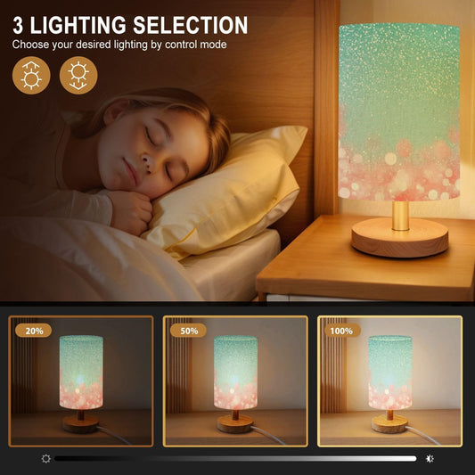 Bedside Table Lamp Fancy Teal Green Glitter Coral Pink Peach Sparkle Turquoise 16-Way Dimmable Small Desk Lamp with Round Flaxen Fabric Shade for Nightstand Bedroom Living Room Home Decor