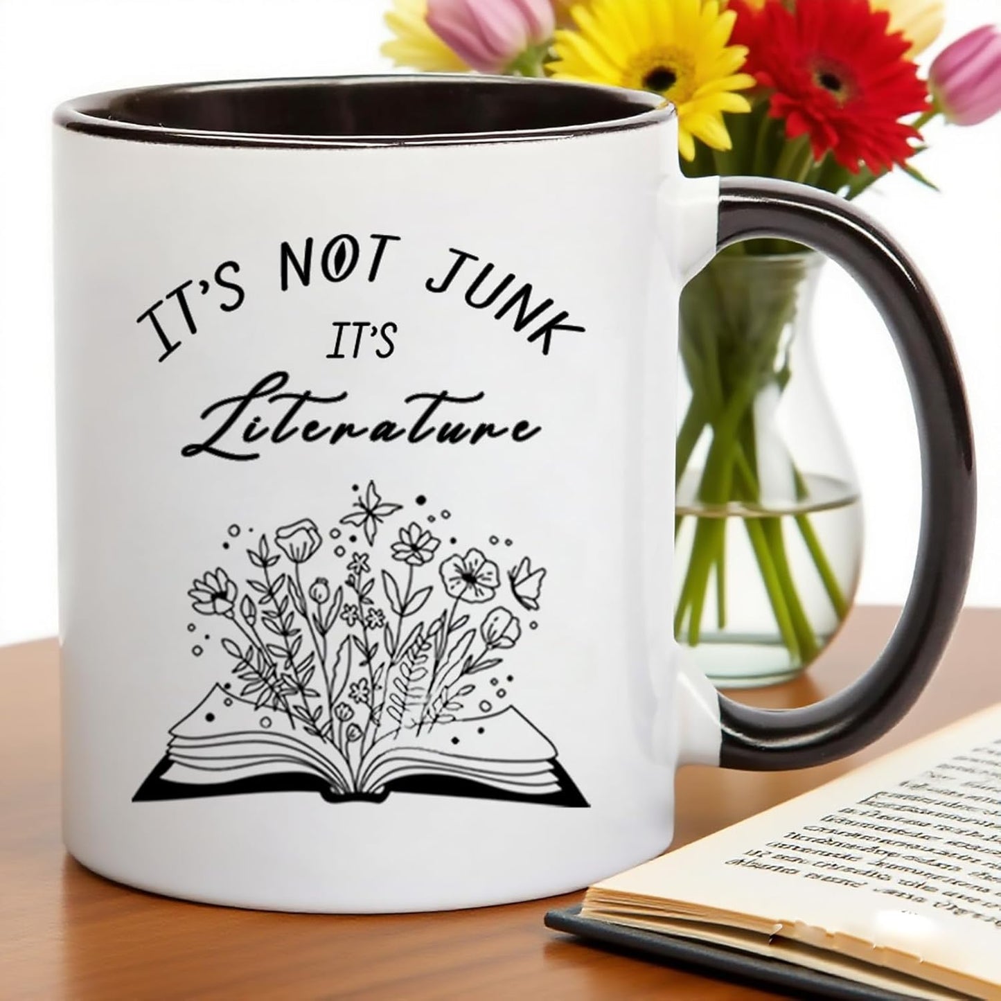 Funny Book Lover Coffee Mug, “It’s Not Junk It’s Literature” Ceramic Cup Gift for Readers, Writers, Teachers, Students, Bibliophiles, Book Club, Office Desk, 11 oz Novelty Cup
