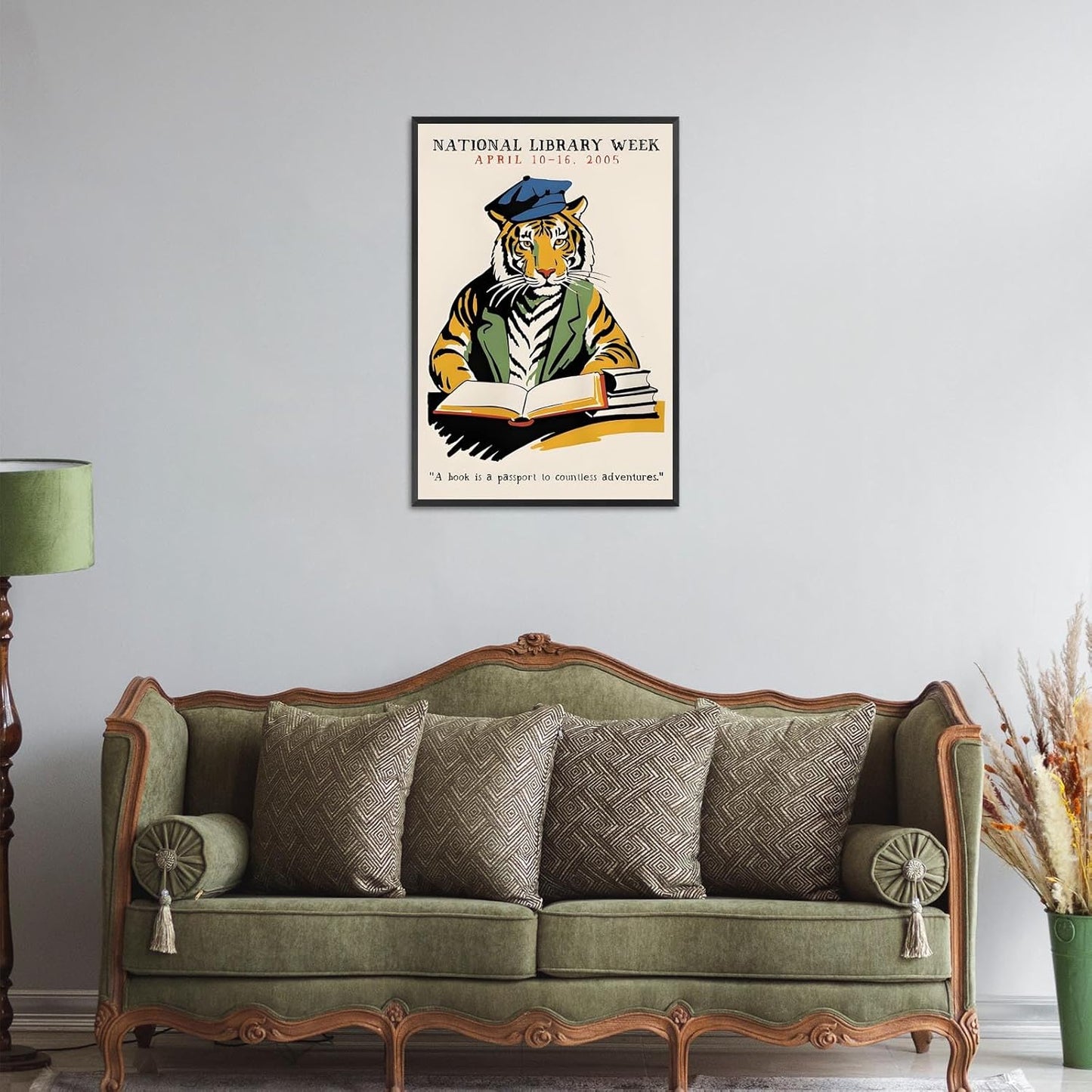 Retro Tiger Reading Books Canvas Posters Trendy 1998 National Library Week Wall Art Animal Book Lover Prints Painting For Living Room Bedroom Library Wall Decor 12x16in Unframed