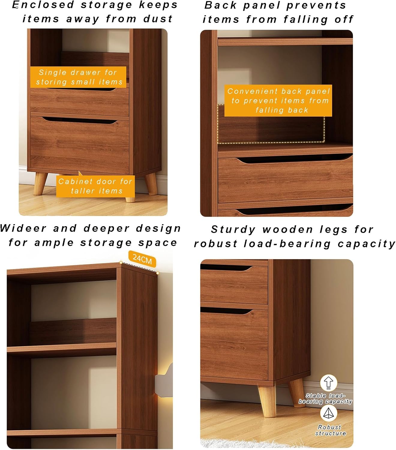 71" Tall Wood Bedside Table, Free Standing Open Shelf Bookcase with Drawers, 4 Tier Bookshelf Narrow Nightstand with Storage Shelves for Bedroom,living Room,Offices(40x24x180cm(16x9x71"), White)