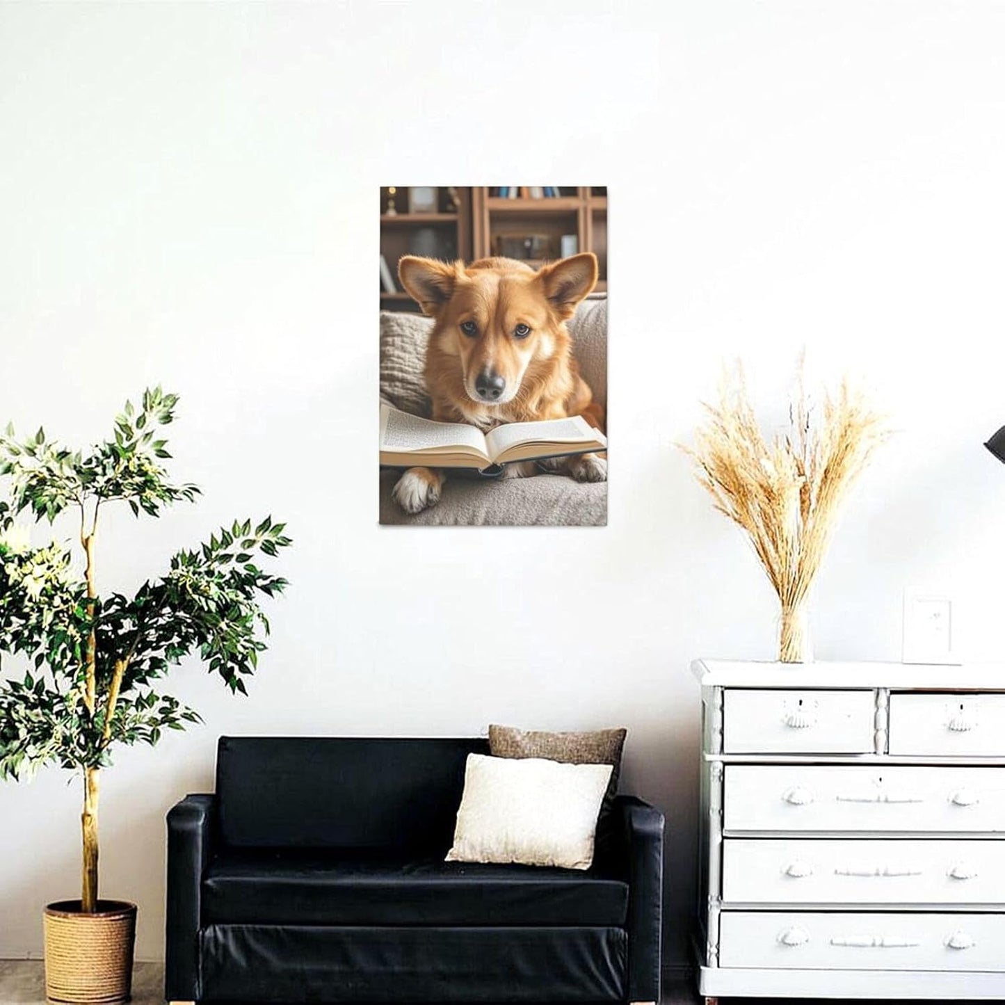 Canvas Wall Art Poster Personalized Pictures Print Reading Dog Wall Pictures Modern Art Canvas Painting Framed Artwork Aesthetic Poster for Living Room Bedroom Office Home Decor 12x18in