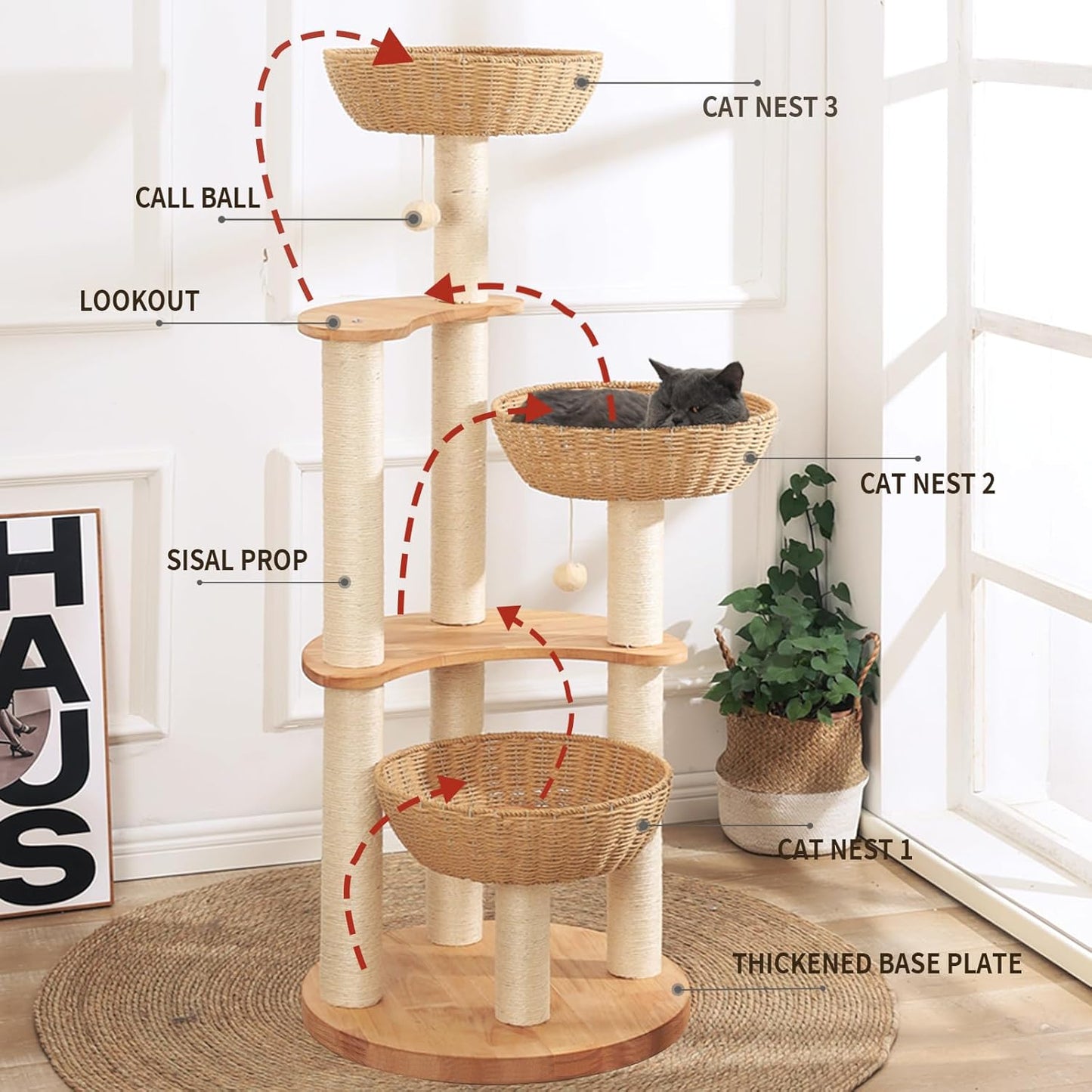 54" Modern Cat Tree Tower for Indoor Cats, Oak Cat Scratching Tree for Multiple Large Cats, Manual Hand Woven Luxury Cat Condo, Unique High-end Design Cat Furniture Activity Centre, Easy Clean