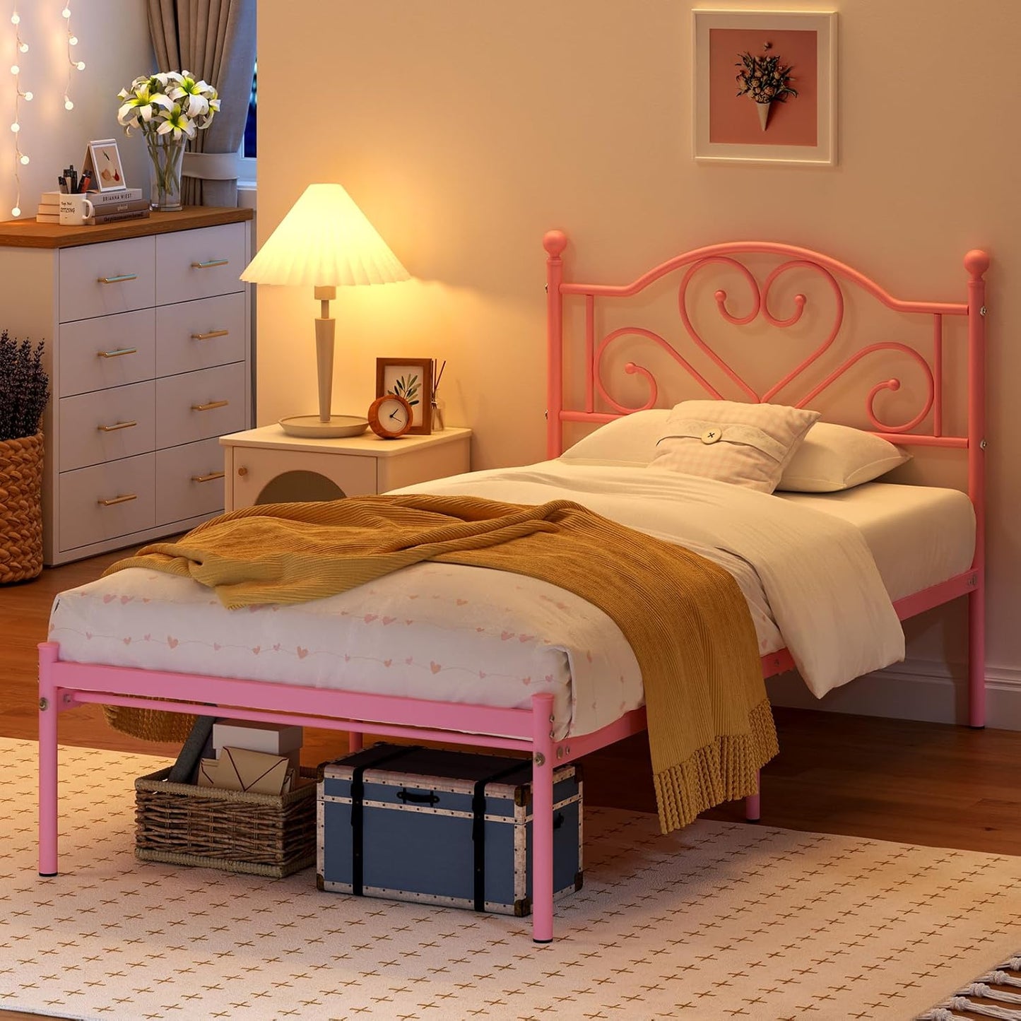Weehom Twin Bed Frames with Headboard, Heavy Duty Metal Platform Under Bed Storage Space Easy Assembly for Kids Girls Adults, Pink