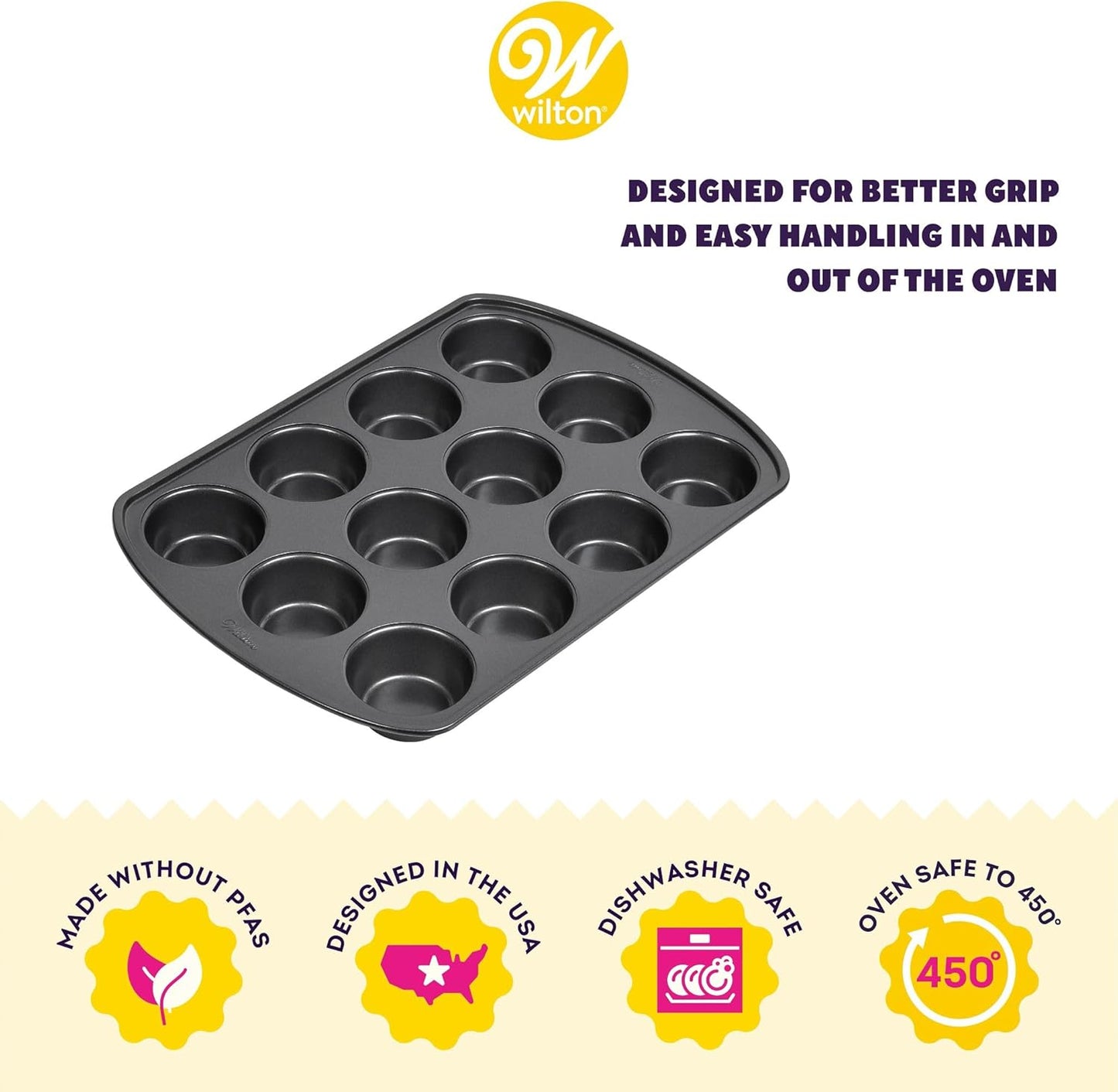 Wilton Gold Non-Stick 12 -Cup Muffin Pan, Cold-Rolled Steel Bakeware, Made without PFAS, 10.5 x 15 x 1.4 in, Packaging May Vary