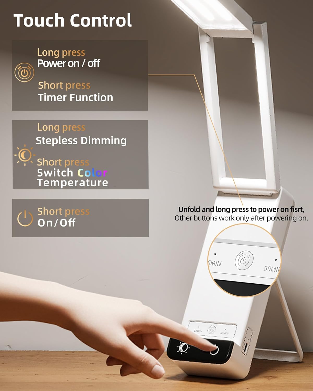 EZVALO Rechargeable Desk Lamp,6000mAh Battery Wireless Light,Cordless Table Lamp for Book Reading,Foldable Mini Lamps&Portable,3 Color Dimmable Small Light for Bed,Nail Light,Craft(White)