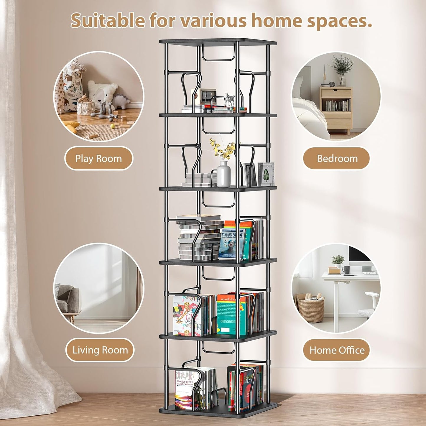 5 Tier Square Rotating Bookshelf Tower, Spinning Bookshelf, 360° Display Round Bookcase, Floor Standing Corner Revolving Bookshelf Organizer Storage Rack for Home Study Office, Small Spaces