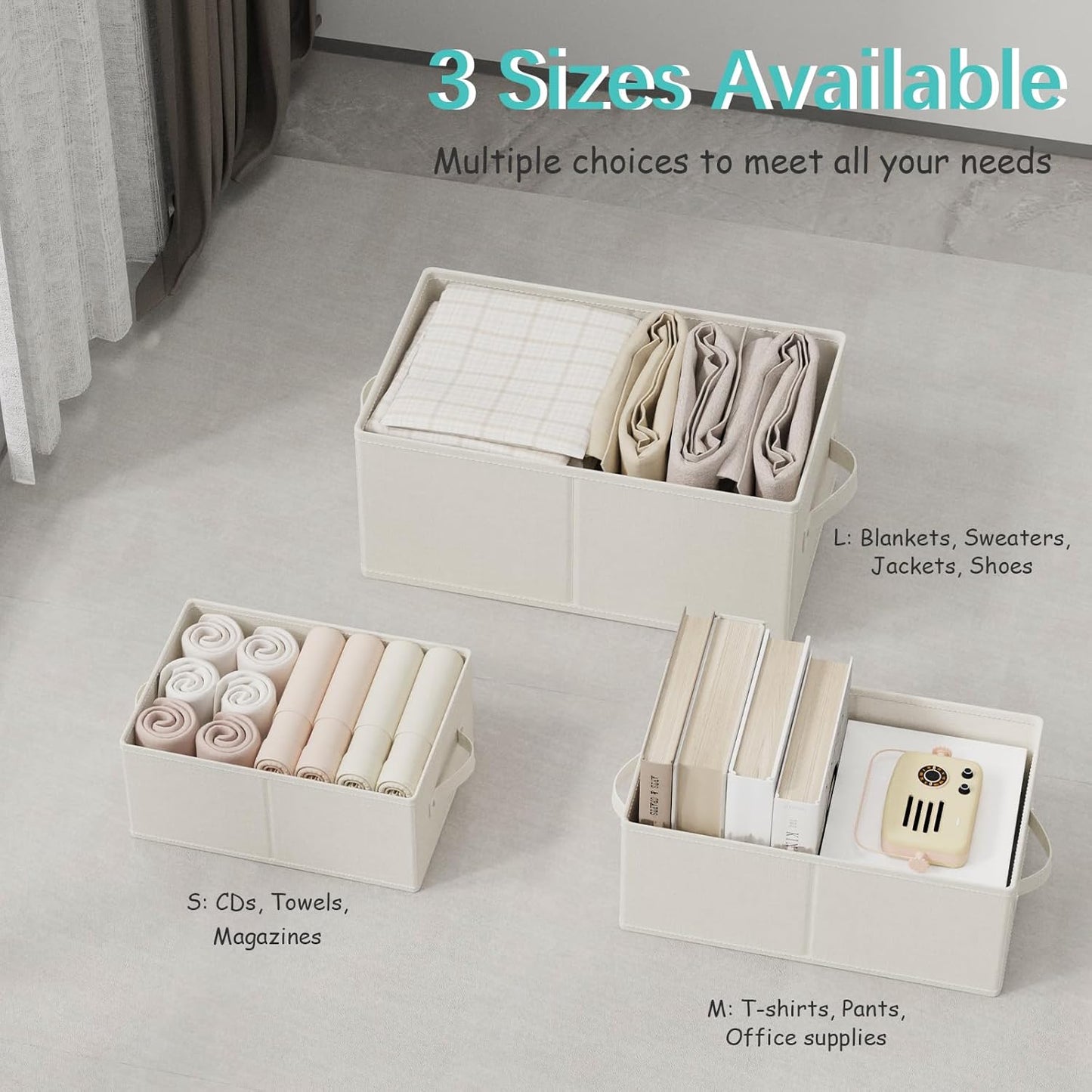 Foldable Closet Organizer, 3 Pack Cube Storage Bin, Clothes Basket for Shelves with 2 Handles, Saving Space, Beige, 18.5 x 11 x 7.9 In, XSNY11BEL-3