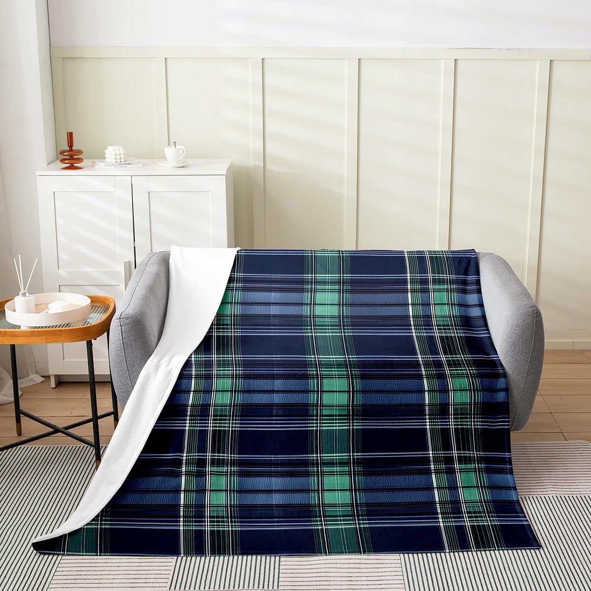 Feelyou Farmhouse Buffalo Plaid Plush Throw Blanket Green and Blue Checkered Flannel Blanket 40"x50" Rustic Geometric All Season Classic Retro Boho for Couch Bed Sofa Bedroom Decor