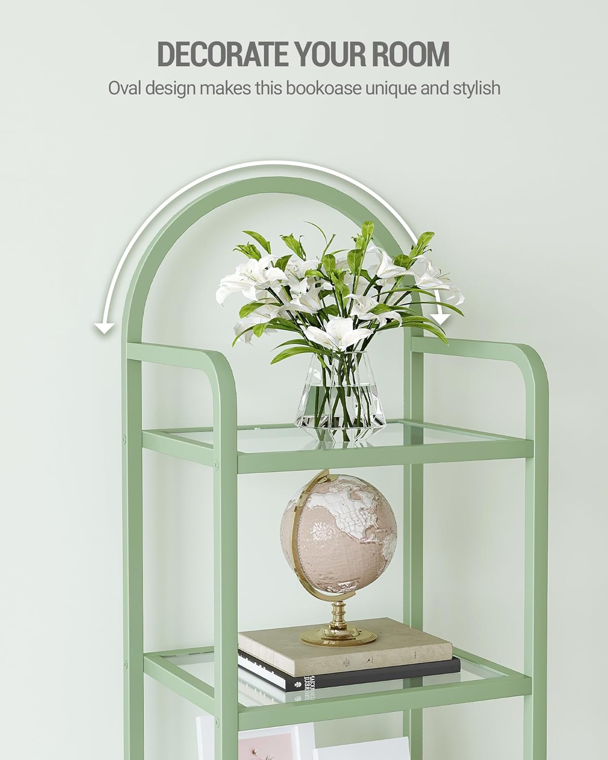 Bookcase Bookshelf, Tempered Glass Bookshelves, Slim Shelving Unit for Bedroom, Bathroom, Home Office, Steel Frame, 5 Tier Green BC05099C