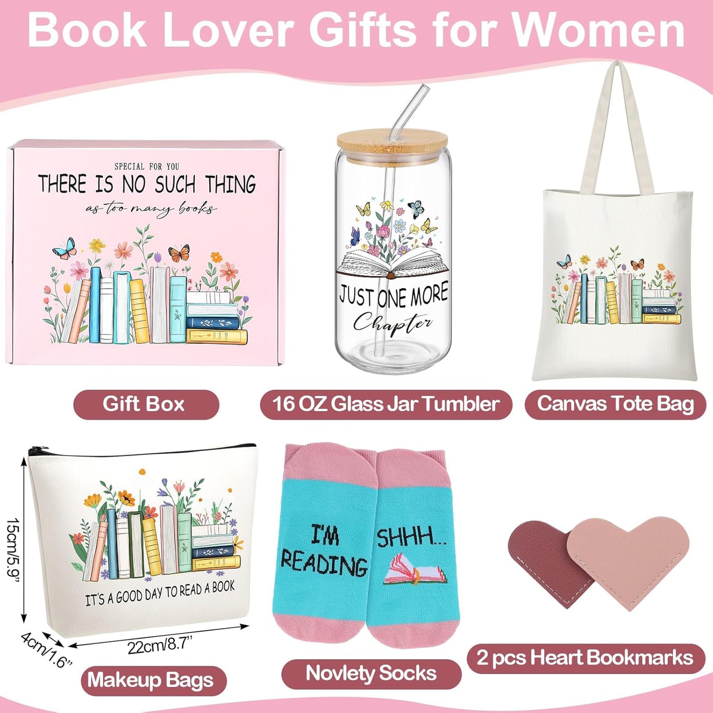 Book Lover Gifts Set for Women Bookish Gifts Include Reading Canvas Tote Bag Cosmetic Bags Novelty Socks Leather Heart Bookmarks 16 oz Glass Tumbler for Librarian Bookish Readers Teacher