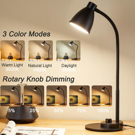 BOHON LED Desk Lamp with USB Charging Port 3 Color Modes Dimmable Reading Light Intelligent Induction Auto Dimming Task Lamp Neck Flexible Table Lamp for Bedside Office, AC Adapter Include