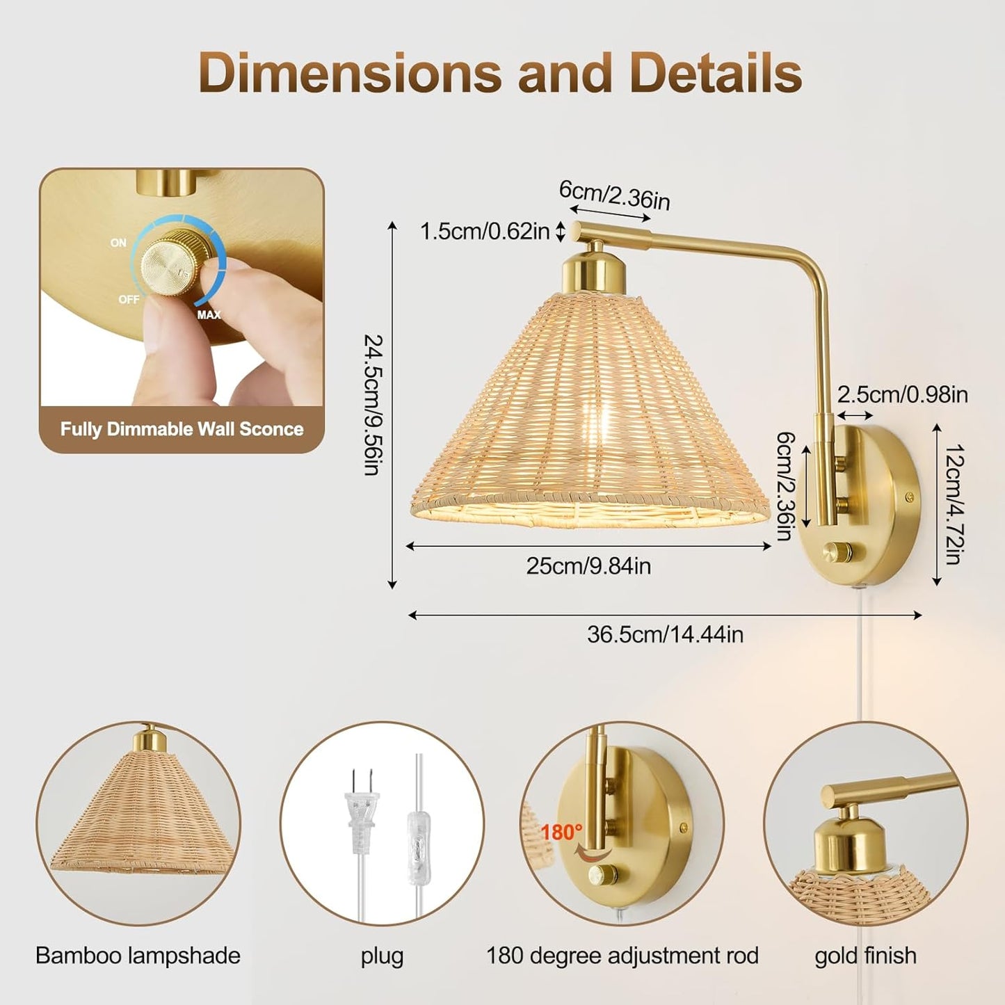 Rattan Plug in Wall Sconces Set of 2, Boho Wall Lamps with Plug in Cord and Dimmer Switch, Gold Hand Woven Swing Arm Wall Mount Light Fixture for Bedroom Living Room