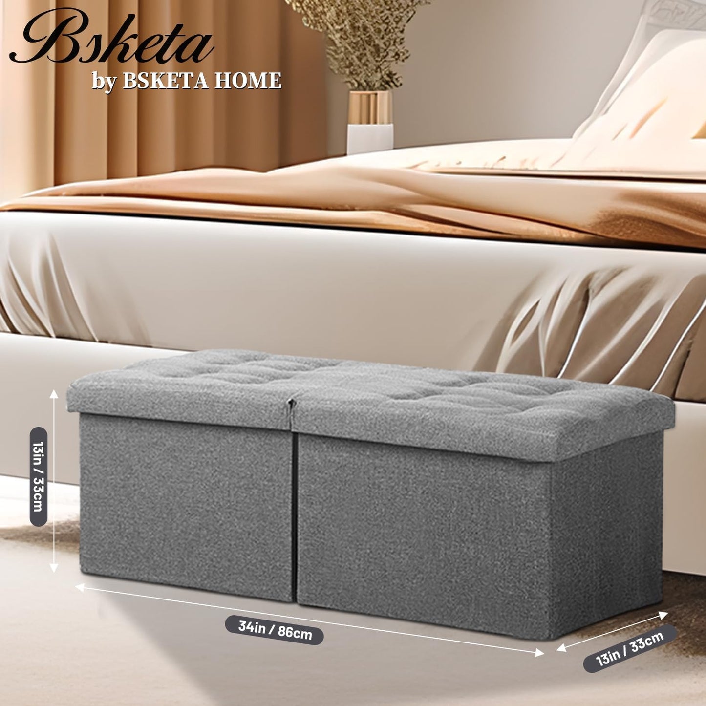 Storage Ottoman Bench with Folding Lid Ⅲ, Foot Stools Opens on Both Ends, Footrest Foldable Linen Chest for Living Room, Bedroom, Entryway, End of Bed Storage Blanket Ottomans Dark Gray