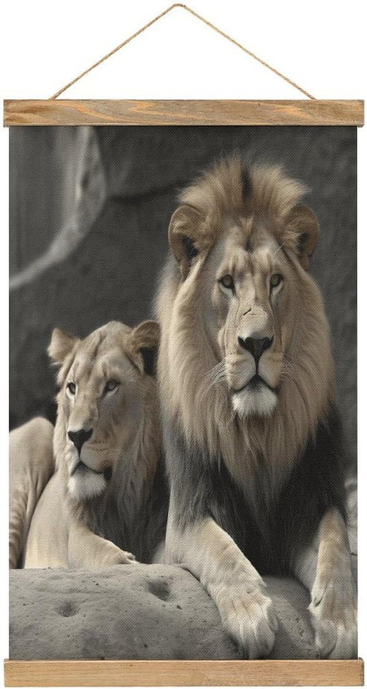 Vintage Male And Female Lions Poster with Wooden Frame Personalized Linen Hanging Scroll Painting Rustic Wall Hanging Illustrative Modern Artwork Decor for Home Living Room Bedroom Office