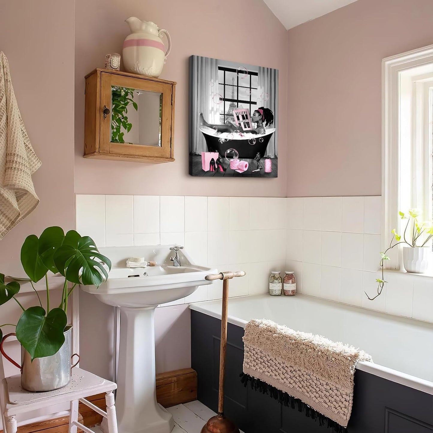Ewozet African American Women Bathroom Wall Art Decor Black Girl Reading Lying in the Bathtub Canvas Wall Decor Modern Pink and Black Girls Pictures Framed Artwork for Bathroom Bedroom Living Room