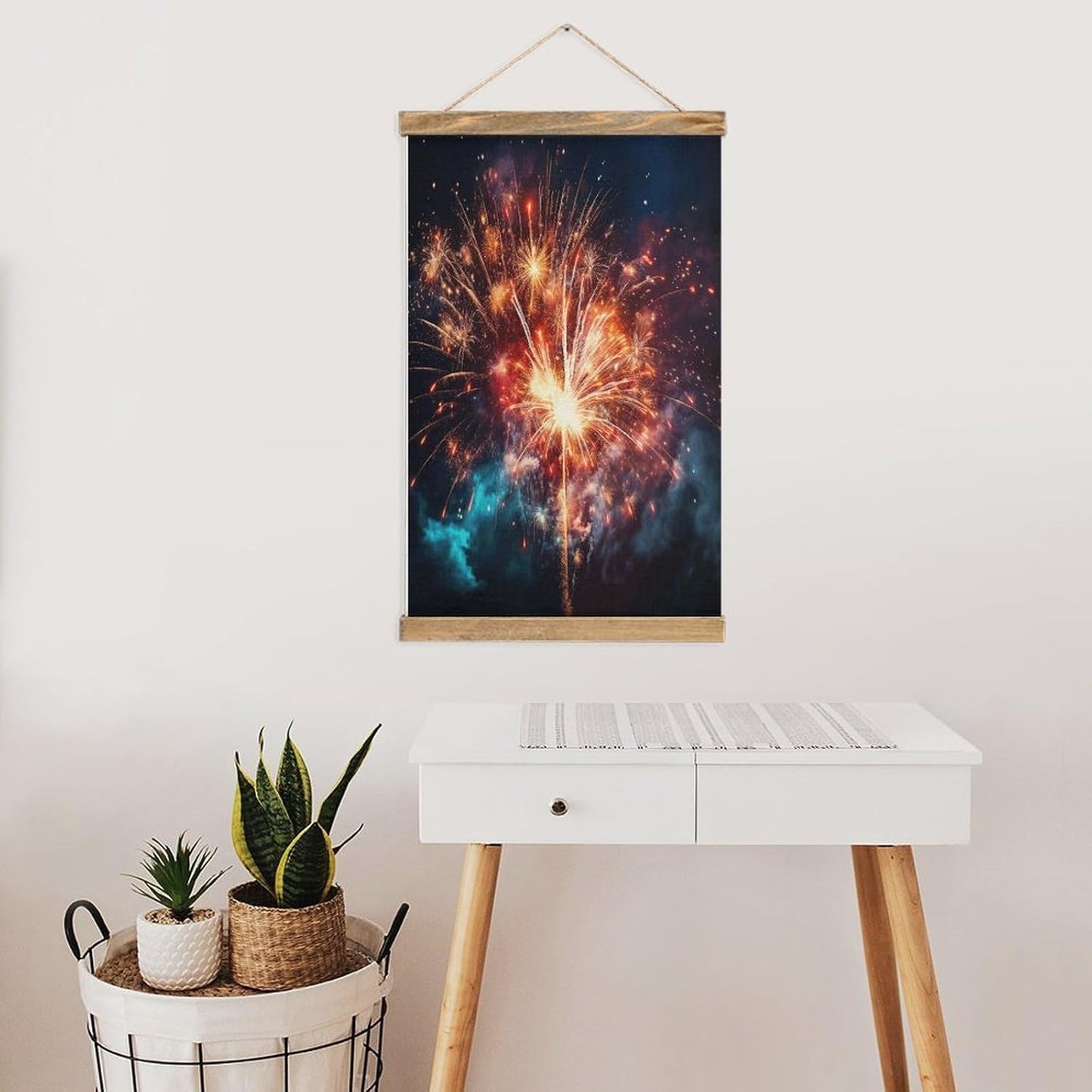 Vintage Explosion Firework Poster with Wooden Frame Personalized Linen Hanging Scroll Painting Rustic Wall Hanging Illustrative Modern Artwork Decor for Home Living Room Bedroom Office