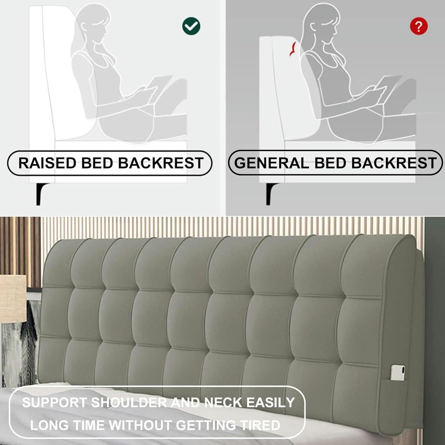 Rectangular Headboard Upholstered Wall Mount Pillow Fleece Reading Support Cushion Large Rest Backrest Removable Lumbar Headboard Bolster for Tatami Daybed, Gray