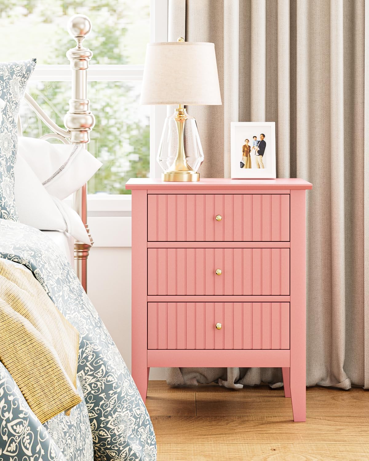 Fluted Nightstand, Farmhouse Night Stand with 3 Drawers, Mid Century Modern Side Accent Table,Bedside End Table for Bedroom, Living Room, Pink
