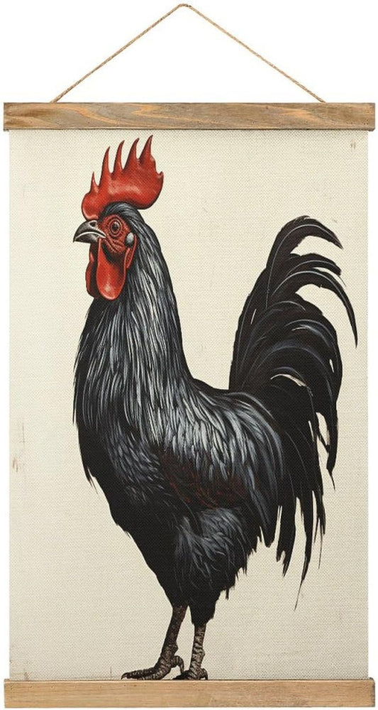 Vintage Black Rooster Poster with Wooden Frame Personalized Linen Hanging Scroll Painting Rustic Wall Hanging Illustrative Modern Artwork Decor for Home Living Room Bedroom Office