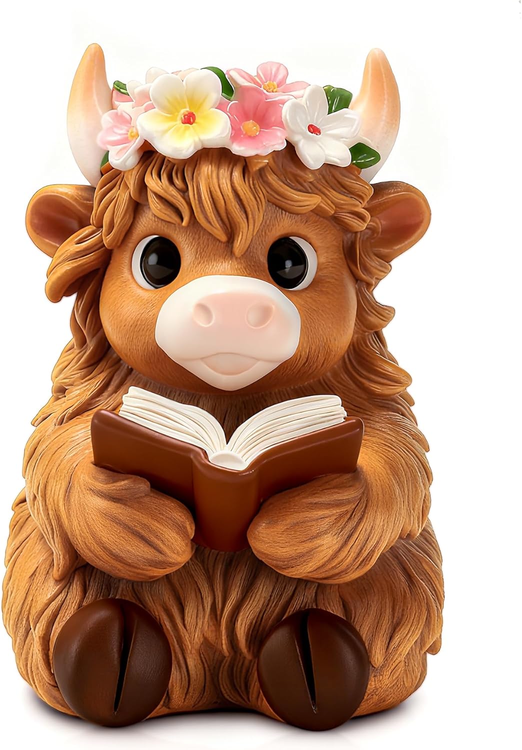 Highland Cow Figurine for Book Shelf Decor, Highland Cows Themed Gifts for Women, Resin Figures Home Desk Decorations Accents (Read)