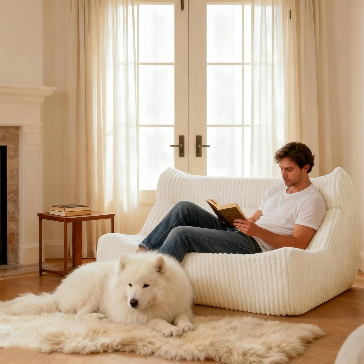 Bean Bag Chairs for Adults, Giant Bean Bag Chair, Memory Foam Lounge Chair, Comfy Lazy Floor Chair, Bean Bag Sofa for Living Room, Bedroom and Office, Loveseat Bean Bag (White)