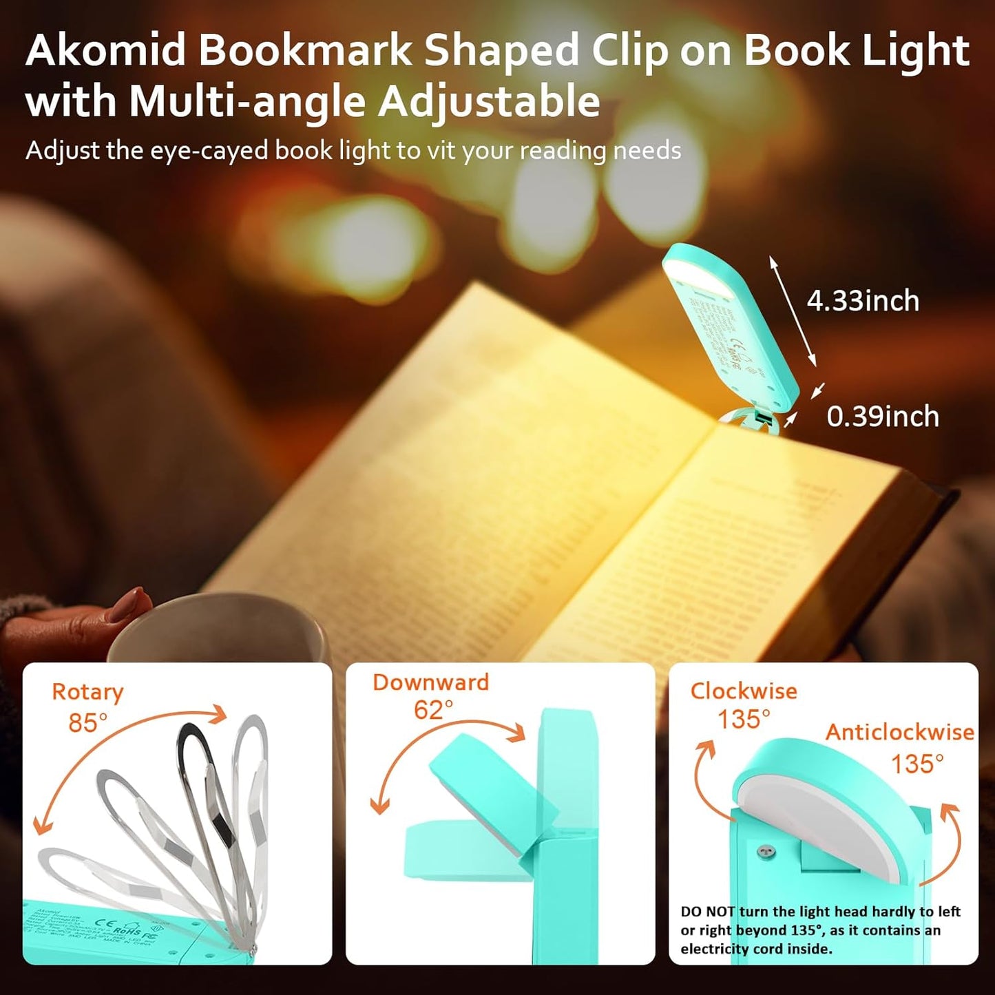 USB Rechargeable Book Light for Reading in Bed, 8 LEDs Bookmark Style Clip on, Eye-Cared Amber Light Mode for Kids, Blue Light Blocking, Stepless Dimming, Lake Blue