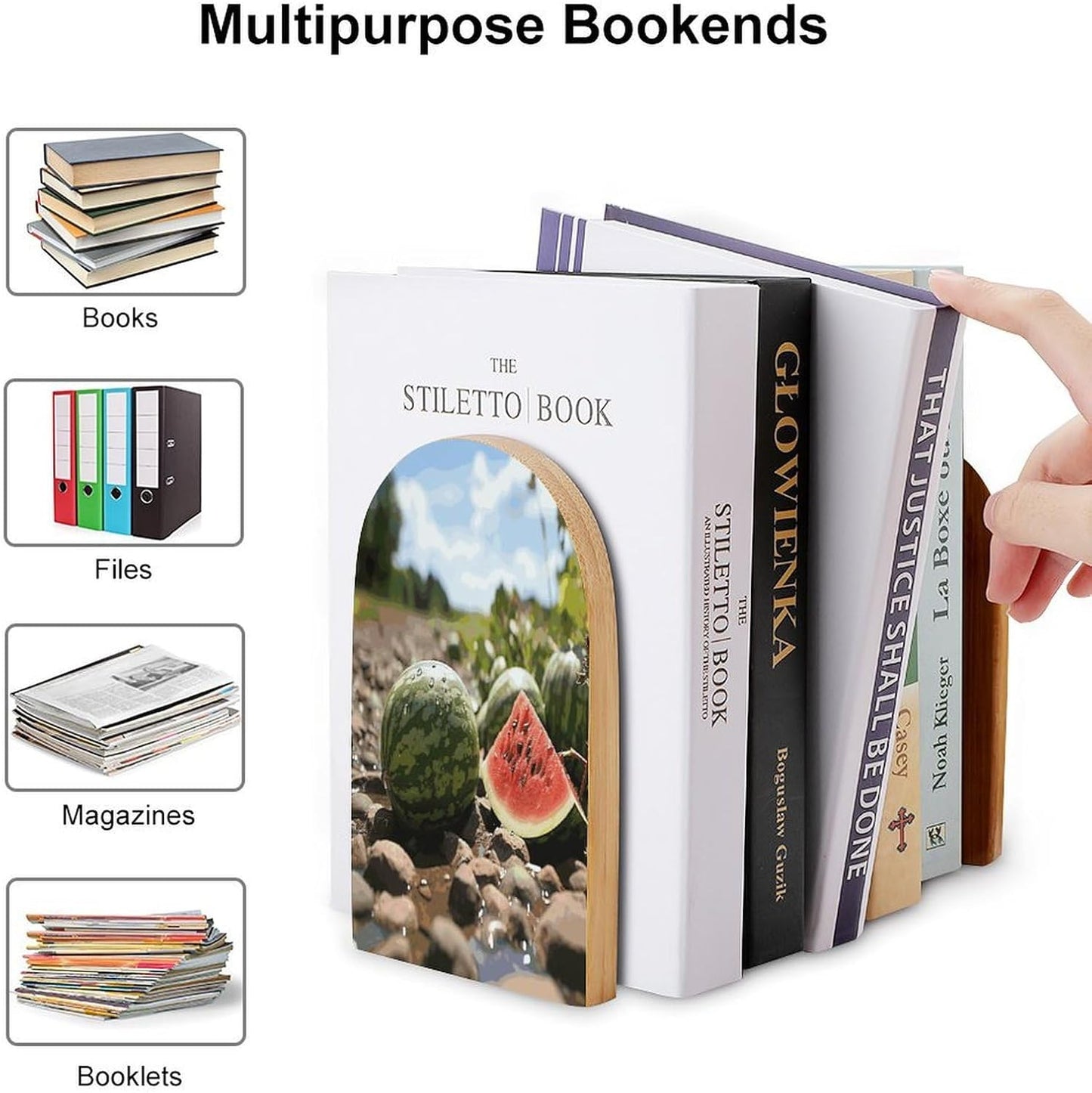Watermelon on The Ground Wooden Bookend Non-Slip Book Ends Heavy Duty Book Stopper with Metal Base Books Holderd Decorative Bookends Stands Firmly for Office Supplies