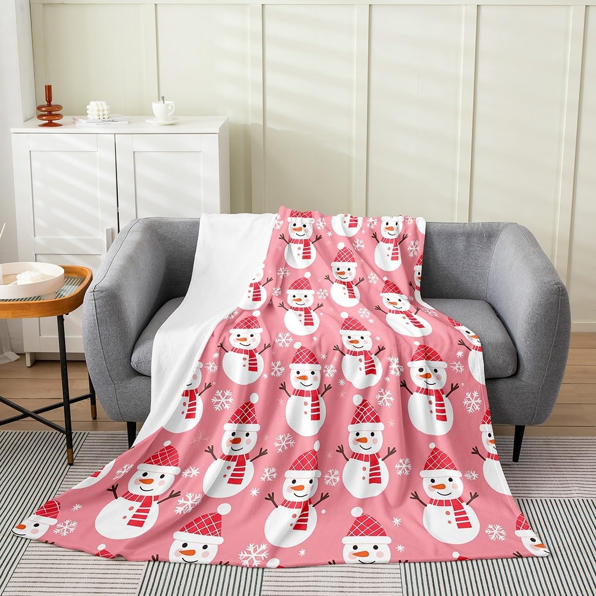 Feelyou Merry Christmas Blanket 40"x50" Merry Christmas Tree and Snowman Plush Throw Blanket for Kids Boys Girls Decor Cute Snowman Flannel Fleece Blanket Pink
