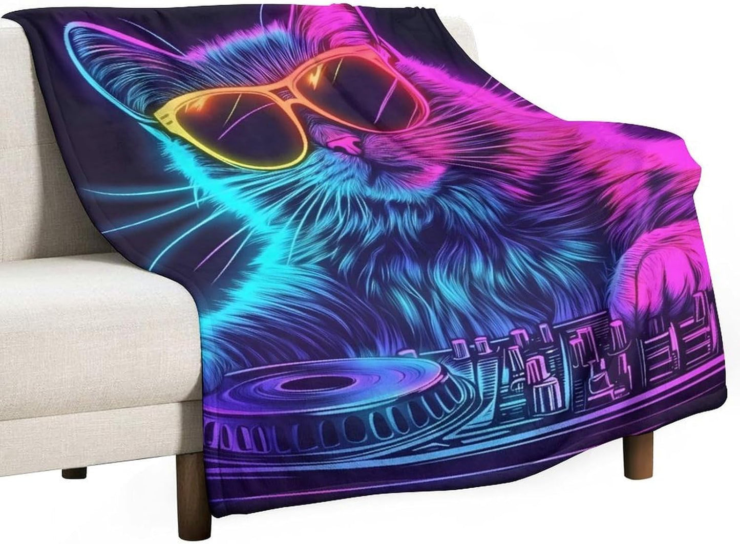 Rainbow DJ Cat Throw Blanket for Couch Bed Plush Cozy Fuzzy Flannel Blanket for All Season 30"x40"