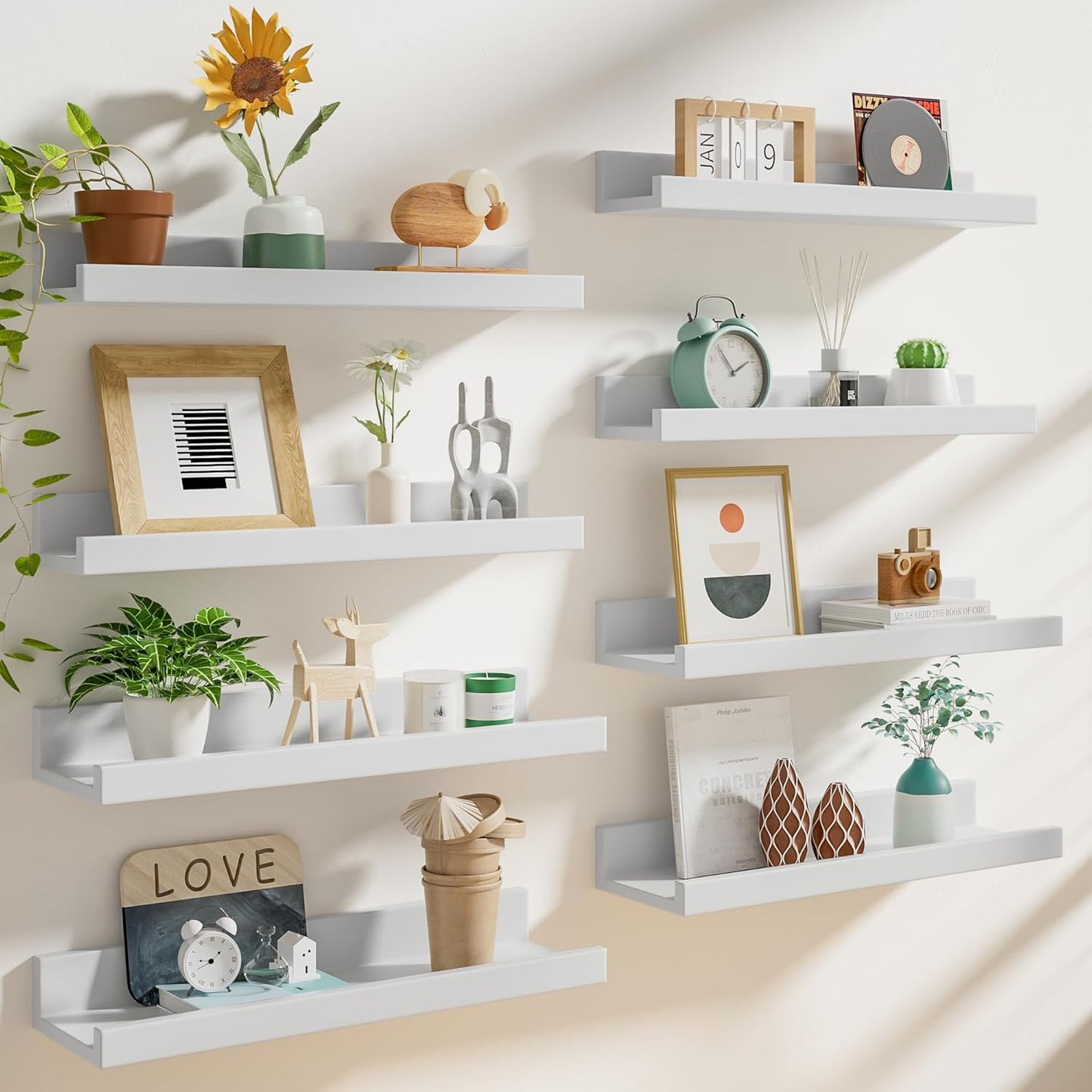 Heimlove 24 inch Picture Ledge Shelf Set of 8,Long Floating Shelves for Wall,White Picture Shelf with Lip for Wall Decor,Living Room Bedroom Bookshelf Photo Frames Nursery Book Shelves for Storage