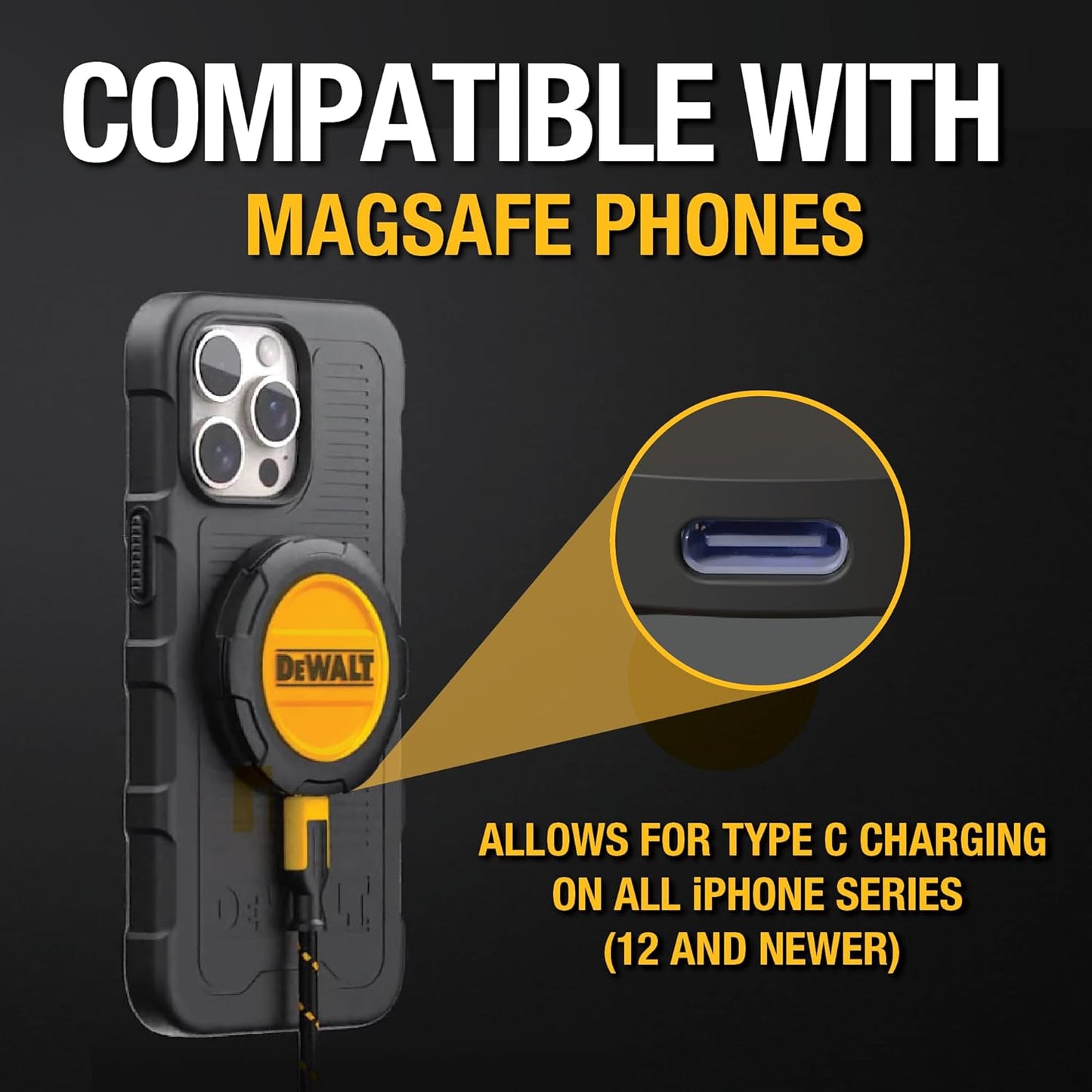 DEWALT Heavy Duty Wireless Charger, 15W Max Cell Phone Charger, Fast Wireless Charging Pad for MagSafe Compatible iPhone 17/16/15/14/13/12 Plus Pro Max, Includes Wall Mounting Plate (No AC Adapter)