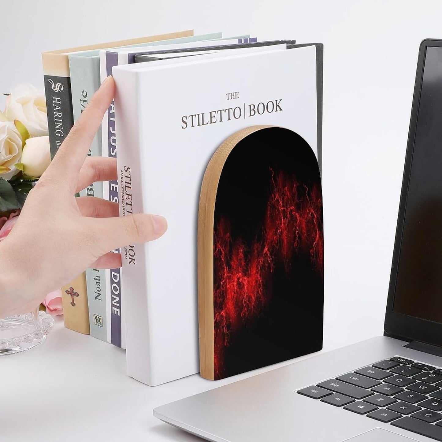Explosion Burst Red Black Wooden Bookend Non-Slip Book Ends Heavy Duty Book Stopper with Metal Base Books Holderd Decorative Bookends Stands Firmly for Office Supplies