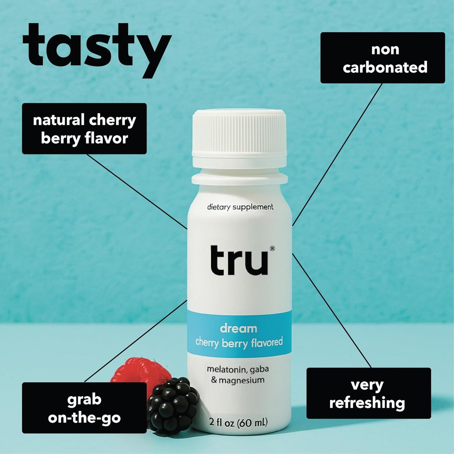 Tru Dream Shot, Extra Strength Sleep Supplement with Melatonin, GABA, Chamomile & Magnesium, Cherry Berry Flavored Wellness Drink, Gluten Free, Vegan, Caffeine & Sugar Free, 2 FL OZ Bottles, 12 Pack